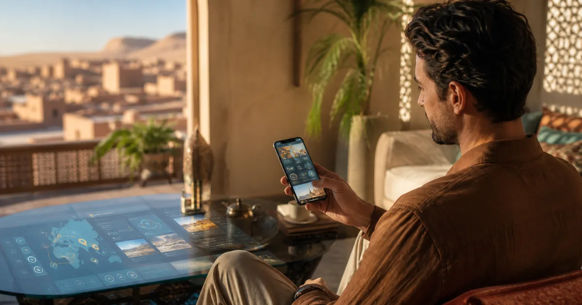 Traveller holding a smartphone showing a map of Morocco, with a train, taxi and 5G network icons floating around — modern travel tech theme