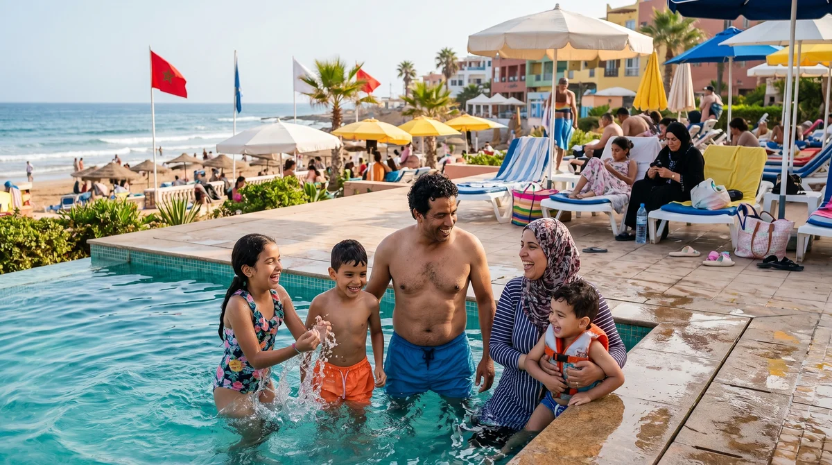 Famille marocaine profitant de vacances — plage, sourires, ambiance estivale et détente