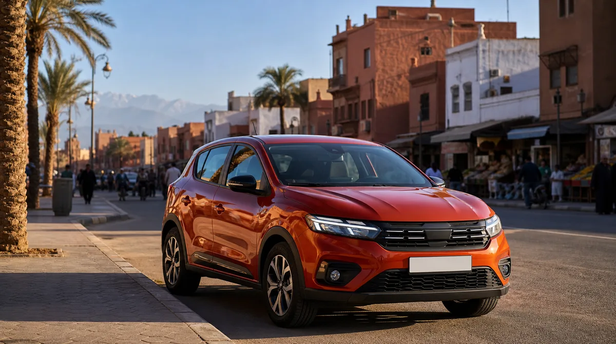Dacia Sandero 2026 photographiée dans une rue de ville marocaine, décor urbain et lumière naturelle