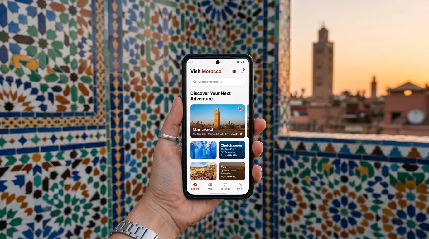 Digital tourism technology concept for Morocco with AI travel assistant and smart phone app
