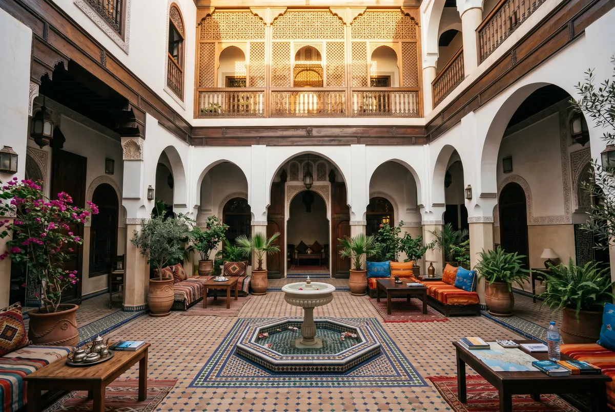 Moroccan riad courtyard with central fountain and seating area, traditional tilework and green plants surrounding the space