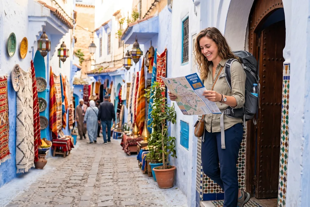 Solo female traveler standing confidently at the entrance of a blue and white Moroccan medina alley looking at a map with warm afternoon sunlight