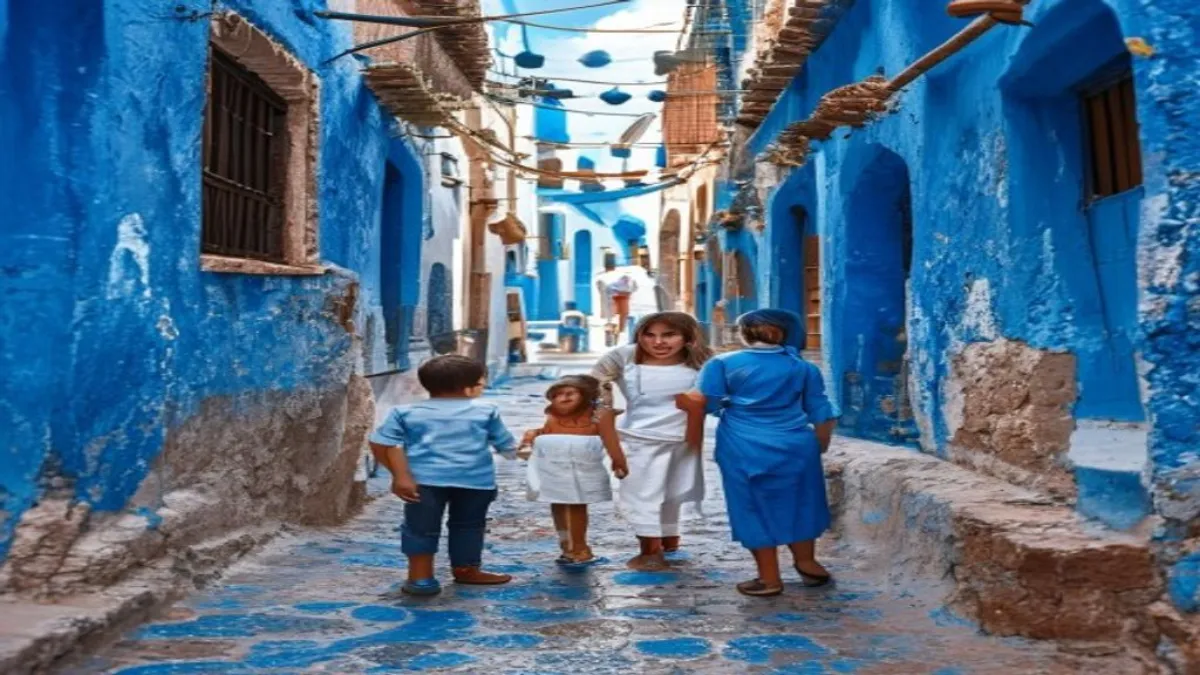 عائلة عربية مع أطفال تستمتع في شاطئ أكادير مع مظلة ملونة وألعاب بحرية