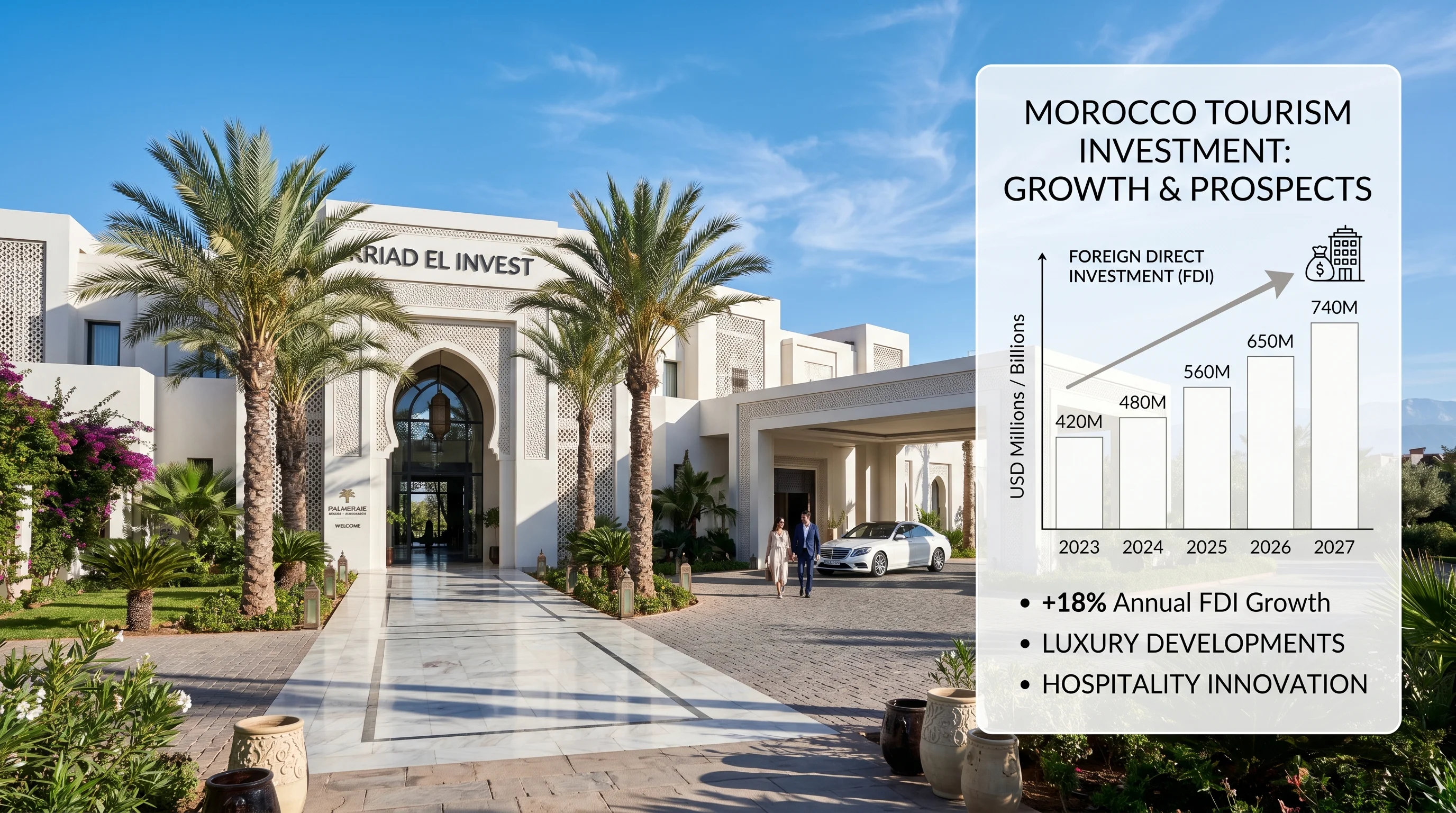 Morocco tourism investment growth charts and luxury hotel development concept
