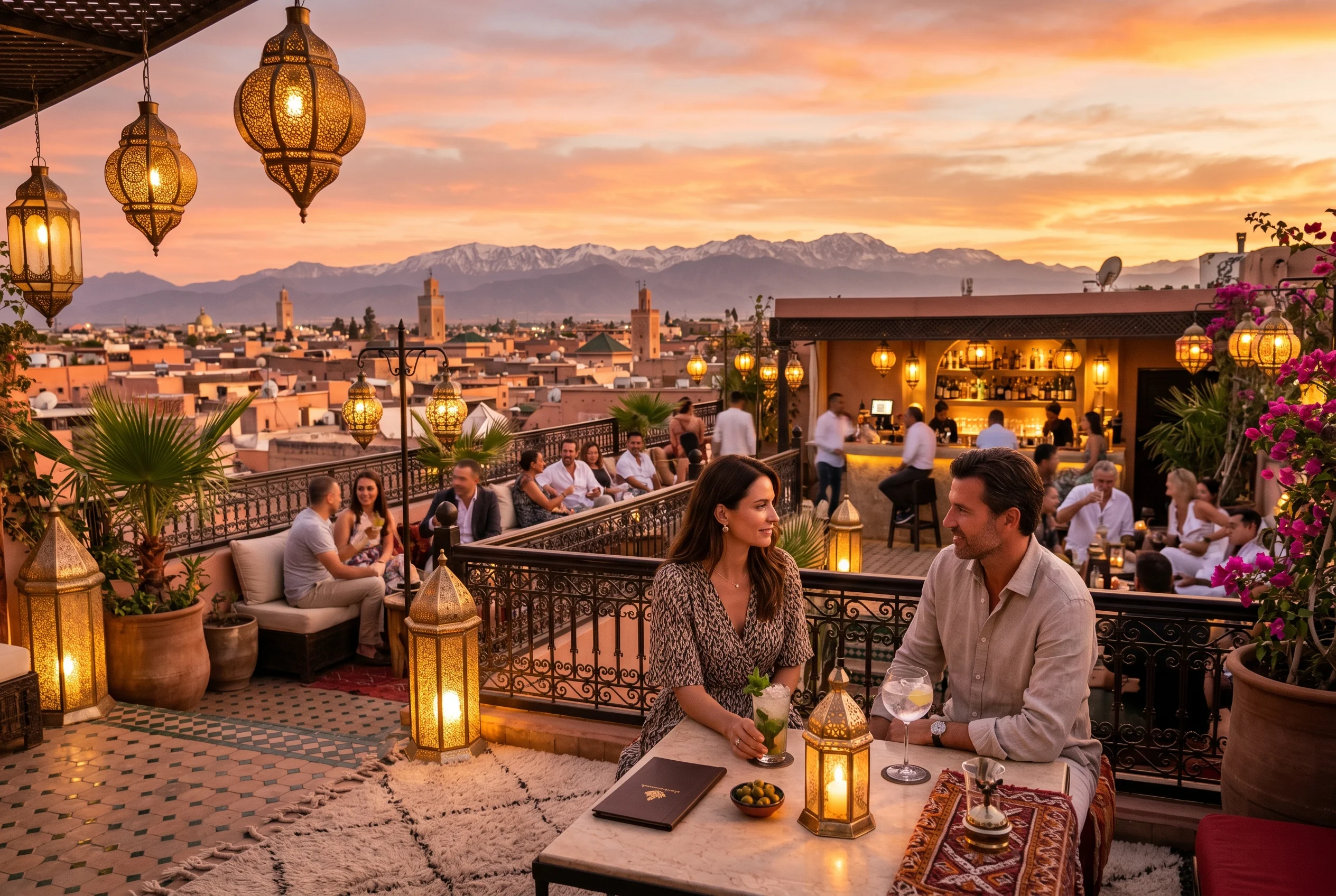 Marrakech rooftop bar at sunset with Atlas Mountains view