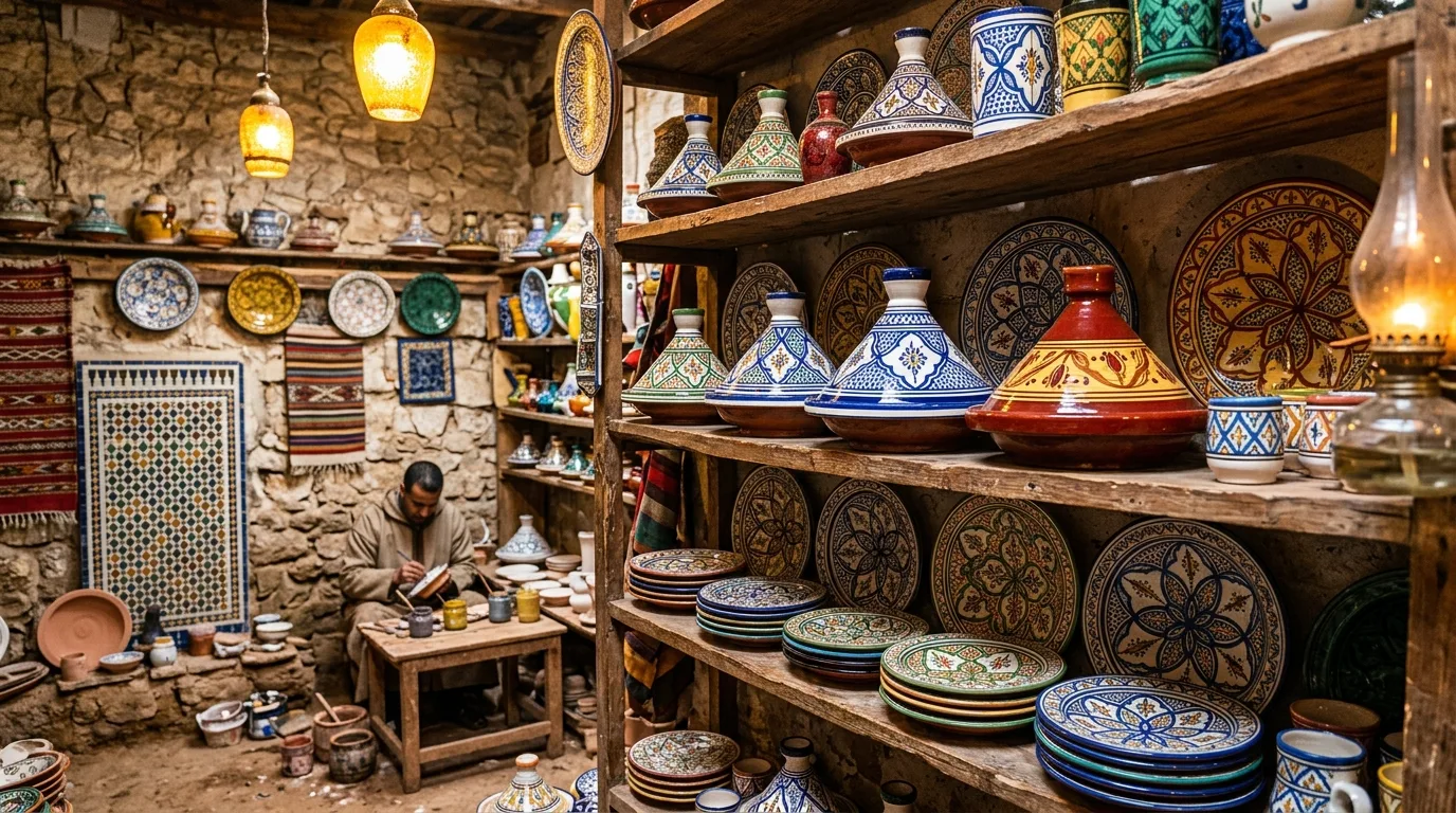Hand-painted Moroccan tagines and ceramic plates with geometric patterns displayed in a traditional artisan workshop