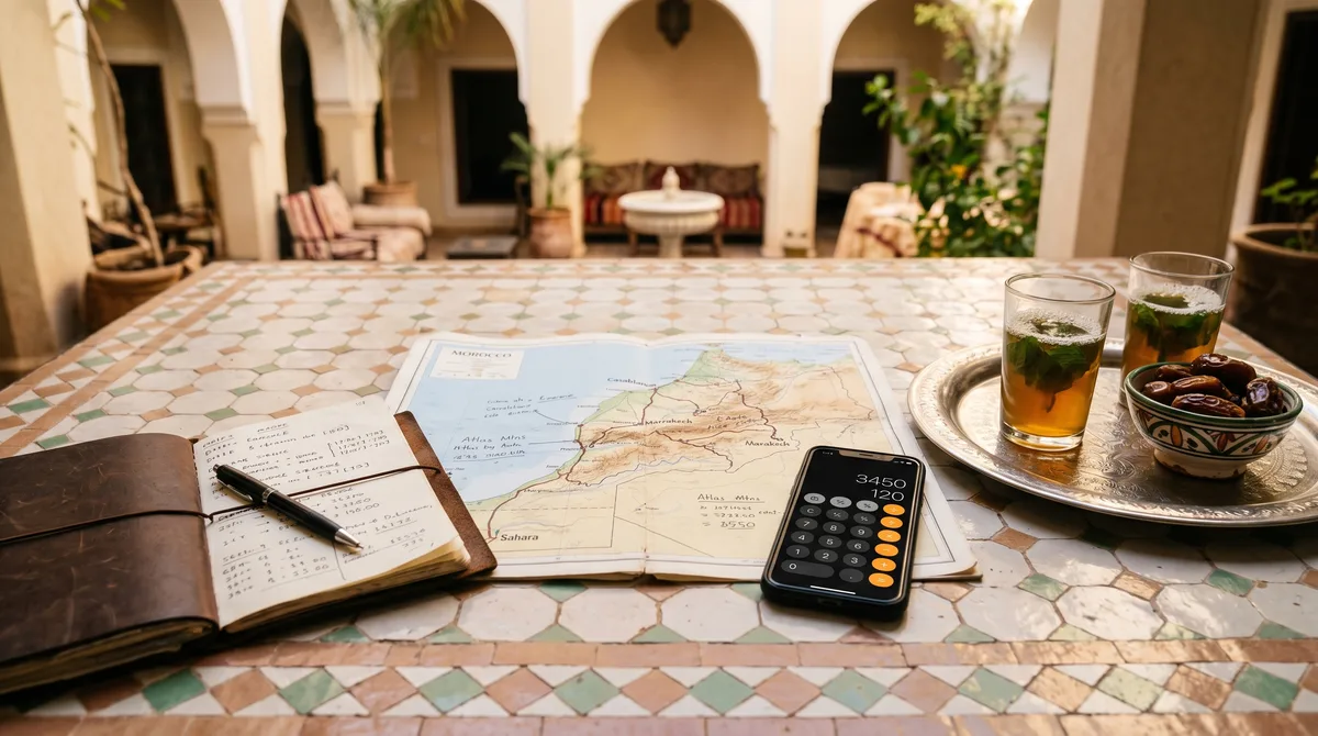 Multigenerational Moroccan family planning a trip around a table with a map, notebook, mint tea, and traditional tile background
