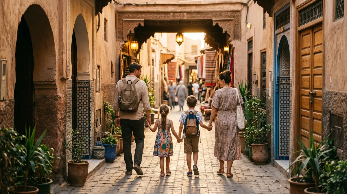 Family walking through a sunlit Marrakech medina alley, Morocco family travel guide