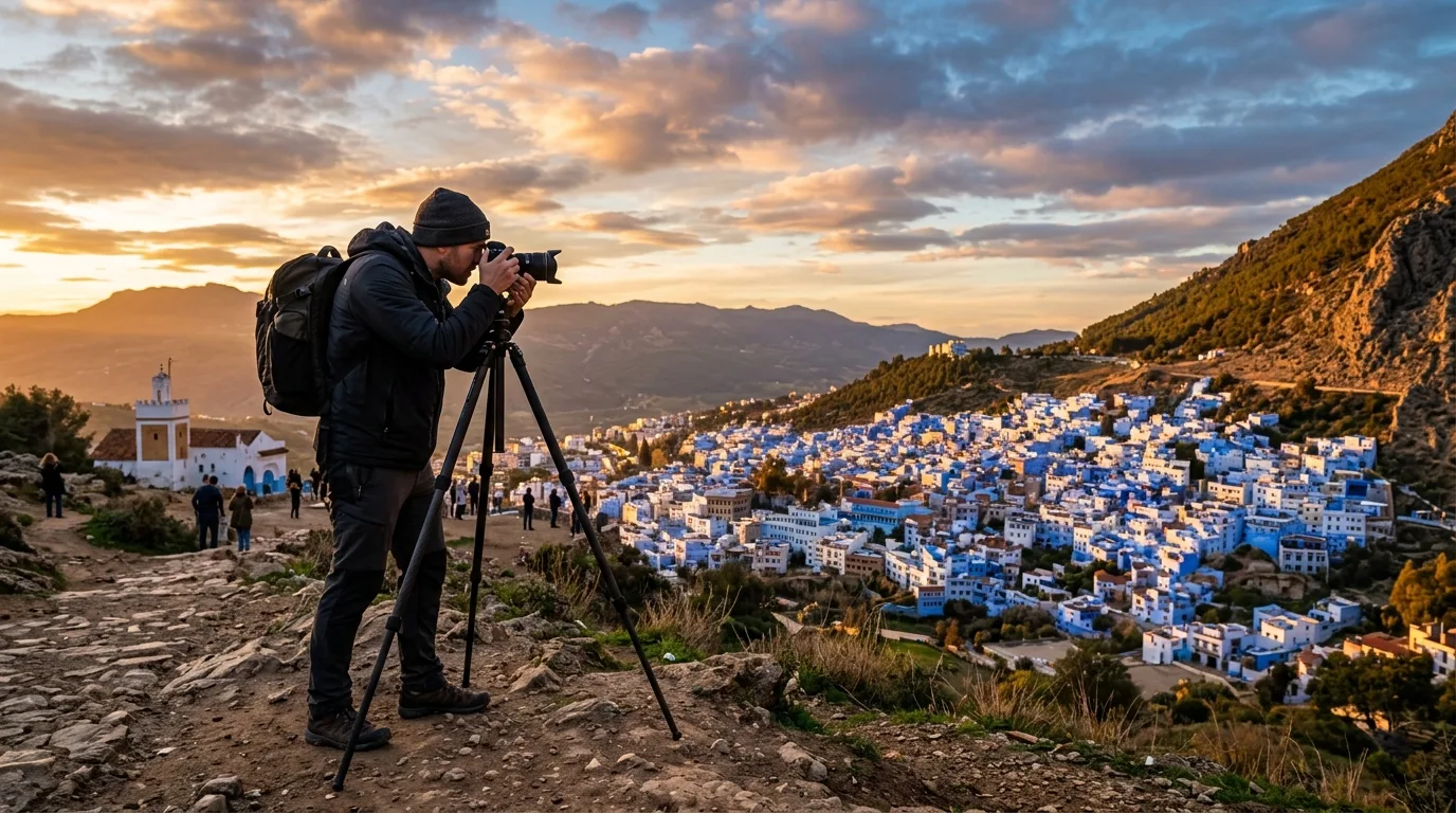 Photographer with tripod at Chefchaouen Spanish Mosque viewpoint capturing the blue city at golden hour with Rif Mountains in background