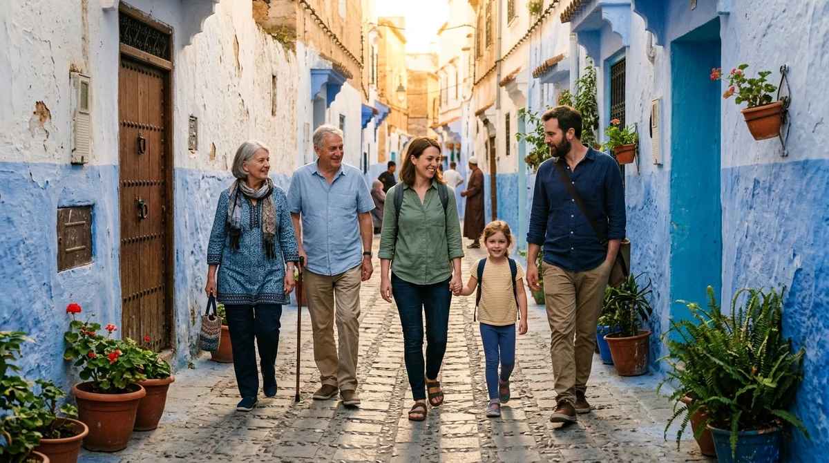Multigenerational Moroccan family walking through a medina, grandparents and grandchildren exploring