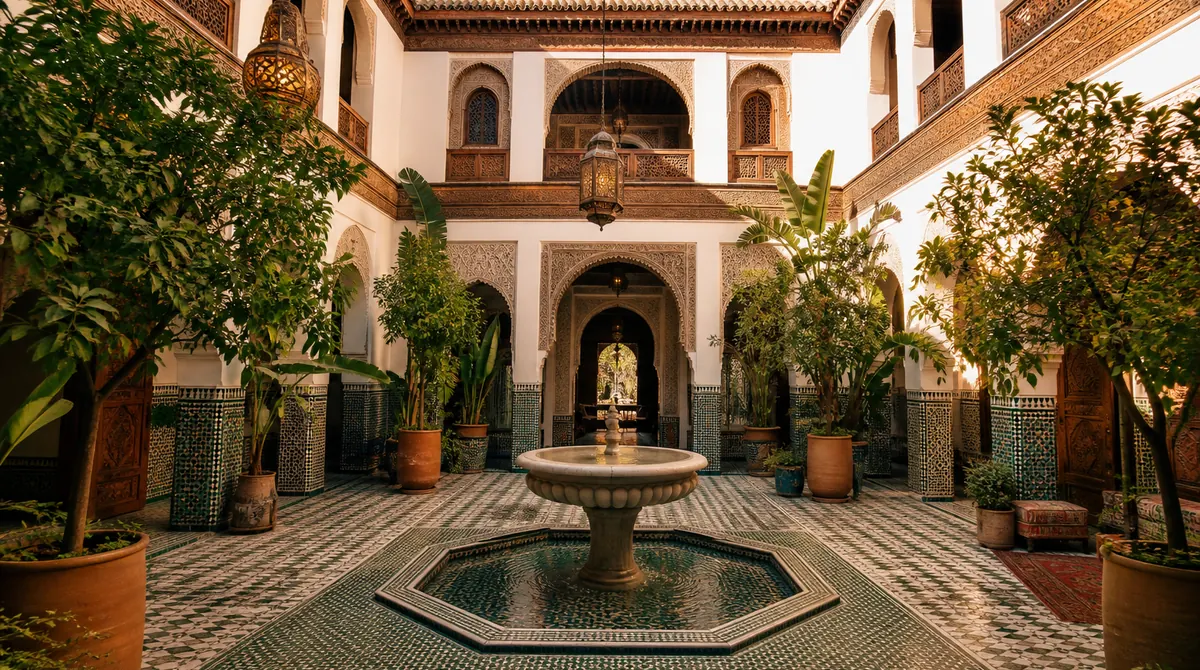 Traditional Moroccan riad courtyard with mosaic tiles, central fountain, and orange trees