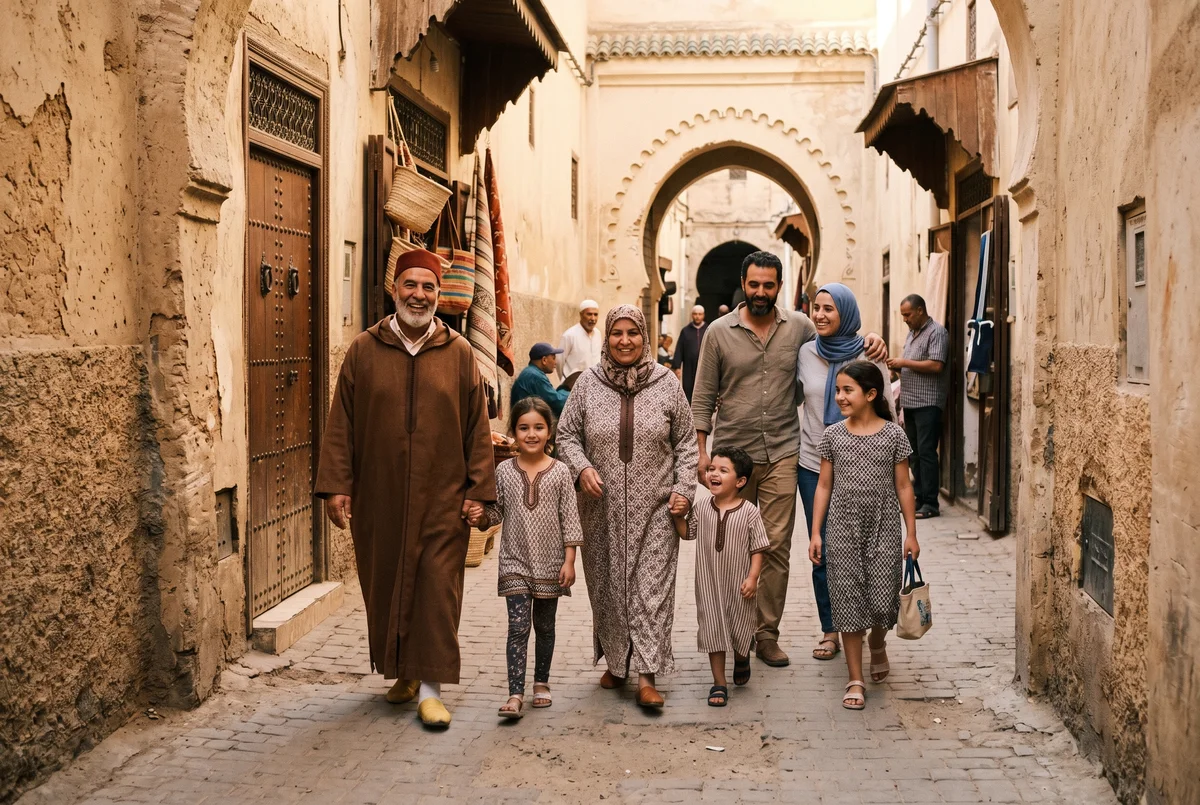 Multigenerational family walking through a Moroccan medina alley, grandparents and young children together