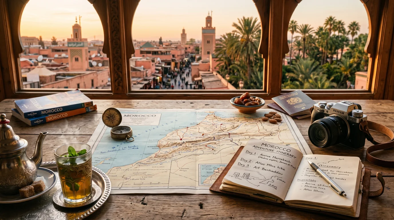 Traveler planning a Morocco trip with map showing Marrakech, Fes, Chefchaouen, Sahara desert, and coastal cities