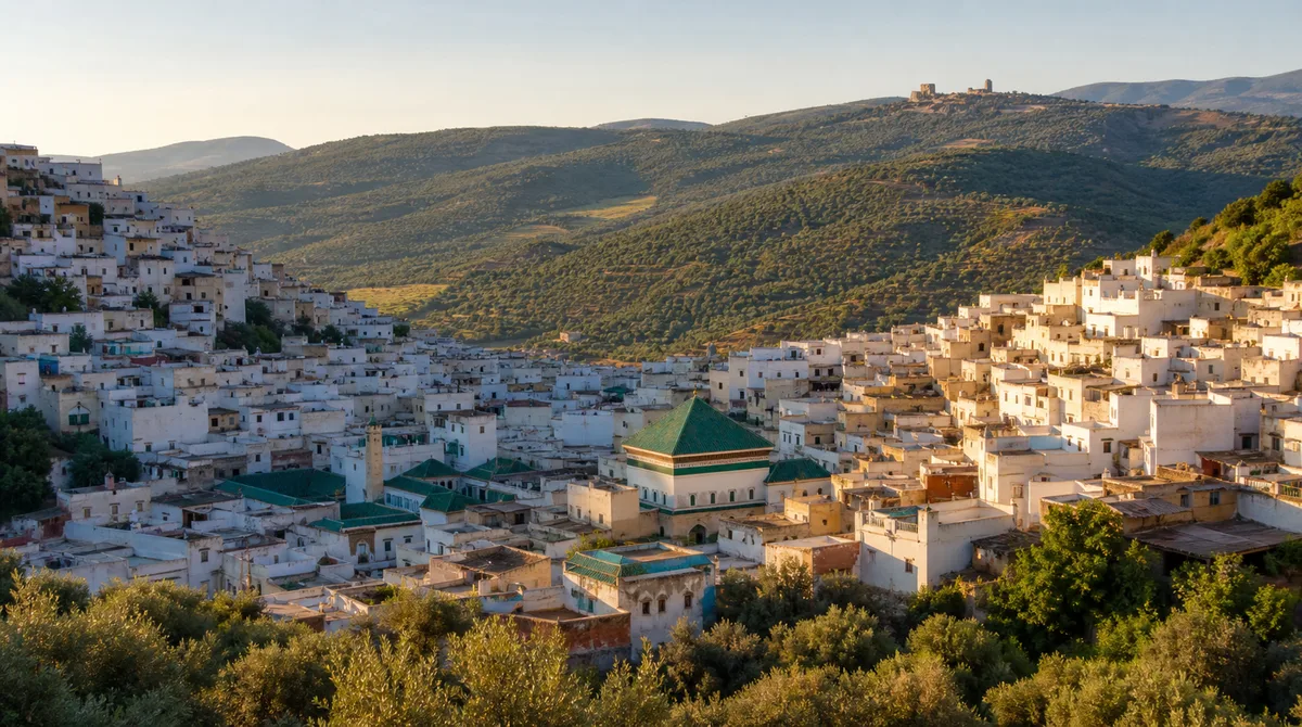 The whitewashed hillside town of Moulay Idriss Zerhoun in Morocco with the Zerhoun mountains behind
