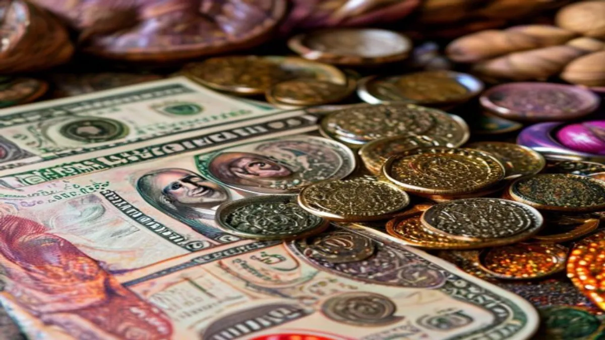Monedas marroquíes (dirhams) y euros sobre una mesa de zellige con tagine y té a la menta al fondo