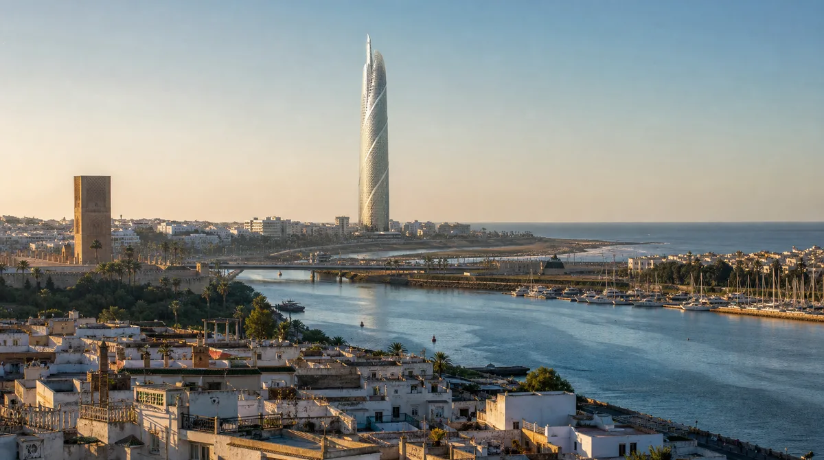 The Mohammed VI Tower in Rabat, Morocco, with the Bouregreg river and Atlantic coast at golden hour