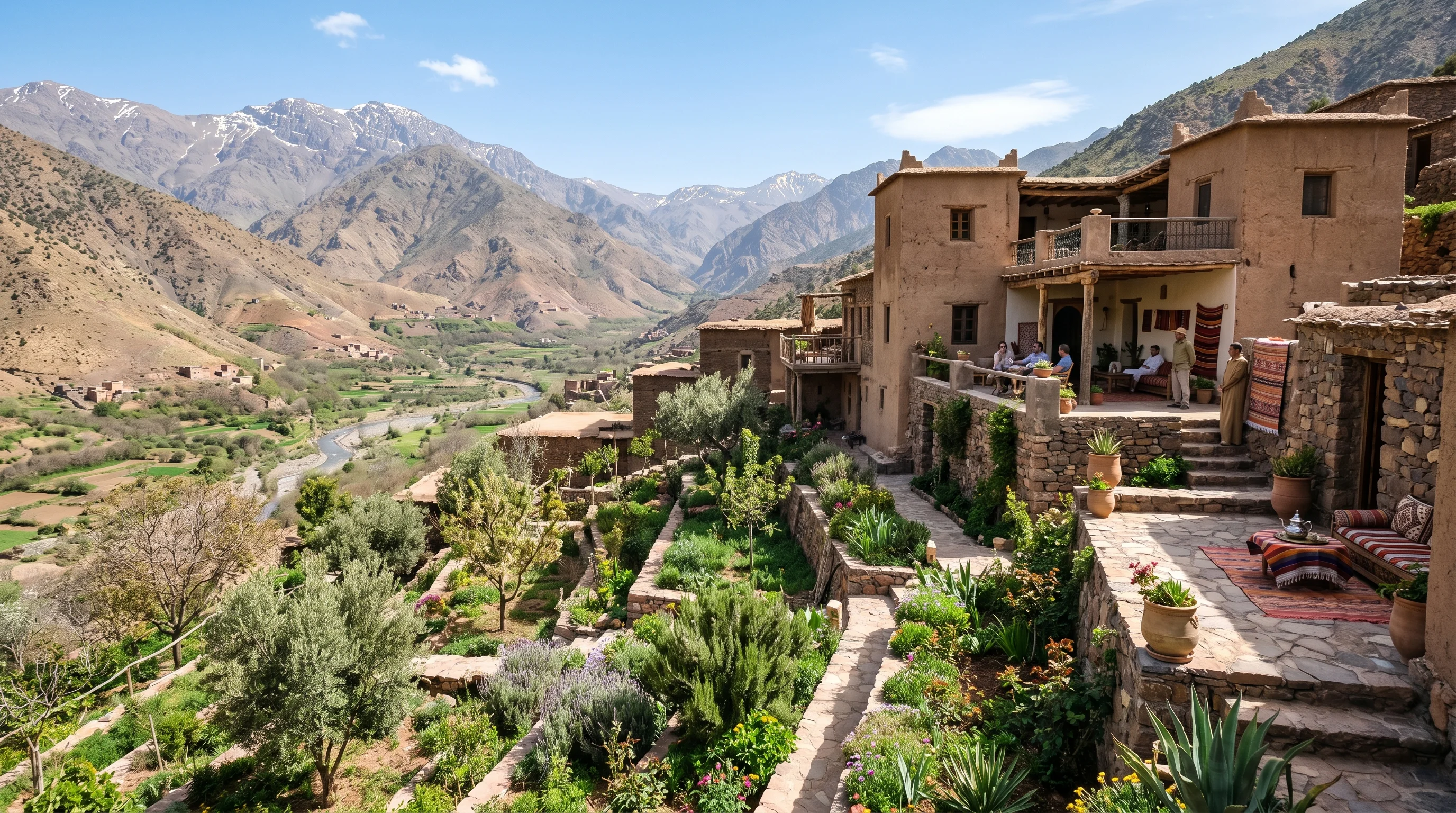 Moroccan rural landscape with eco-lodge and Atlas Mountains traditional village