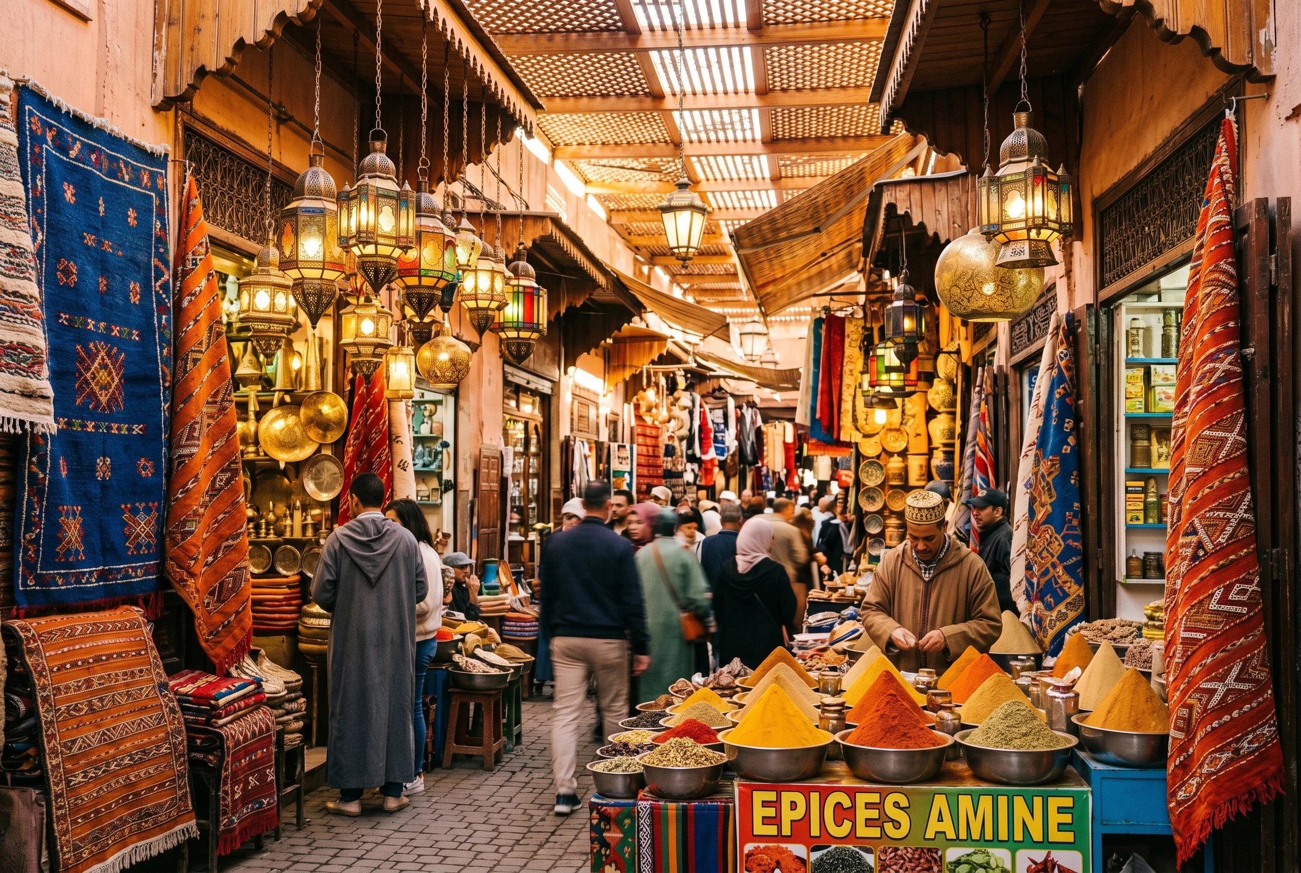 Colorful Moroccan souk with traditional lanterns, spices, and textiles