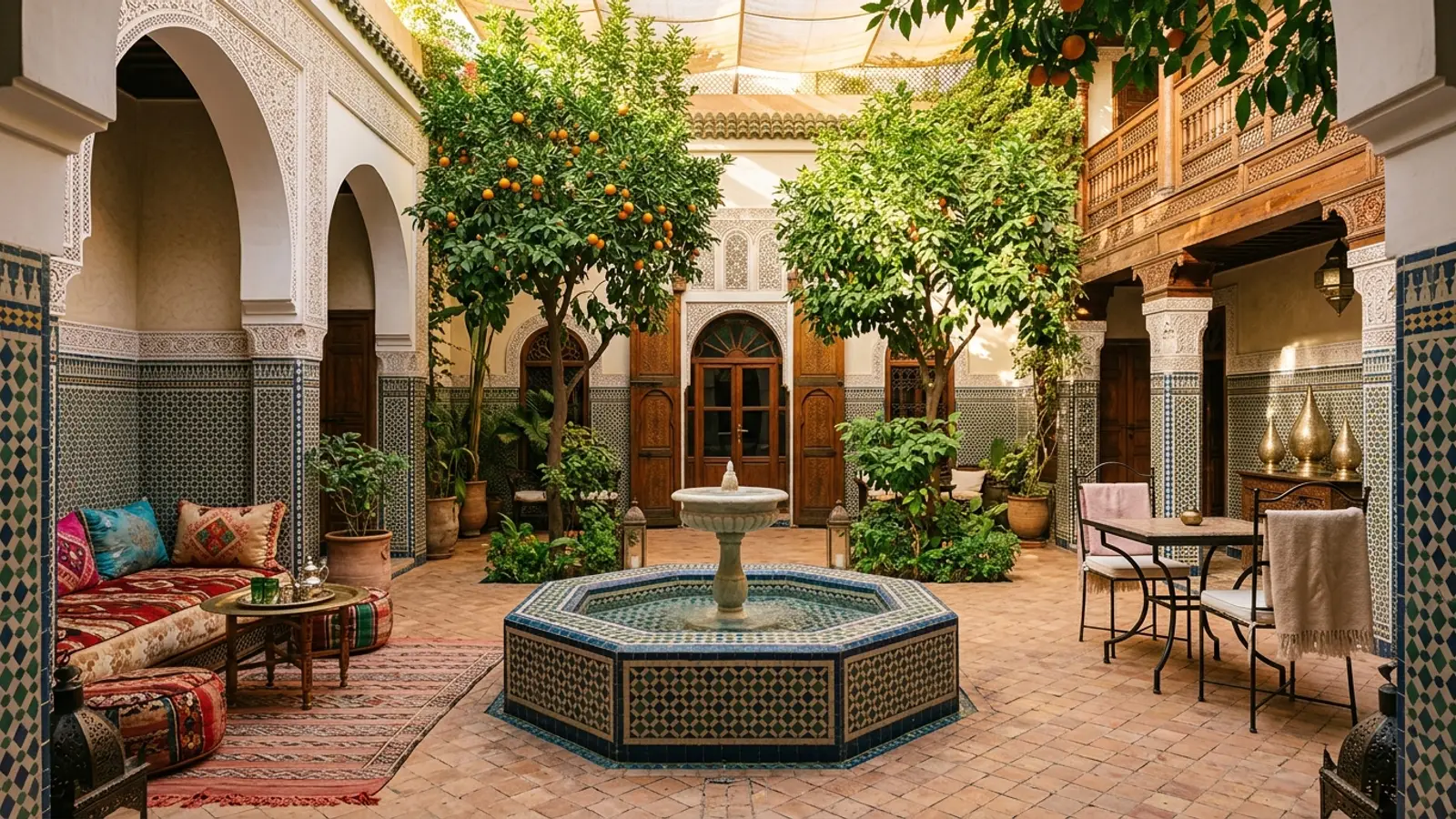 Petit riad marocain avec patio traditionnel décoré de zelliges