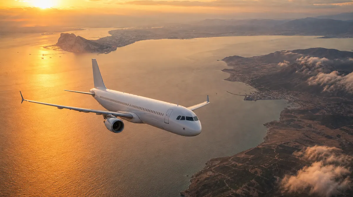 Avion de ligne survolant le détroit de Gibraltar au coucher du soleil, reliant l'Espagne au Maroc
