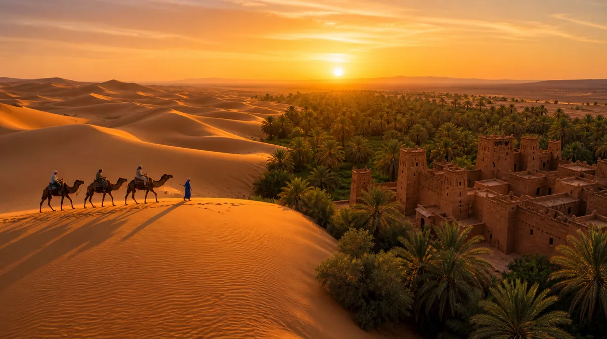 Golden sand dunes of the Sahara at sunset in Morocco, camel caravan silhouette on the crest of a dune