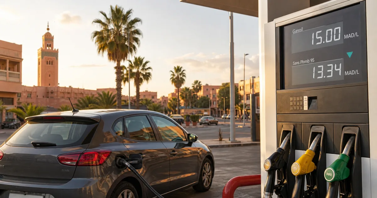 Panneau de prix affichant le tarif du gasoil et de l'essence sans plomb devant une station-service au Maroc en août 2026, illustrant la hausse du gasoil qui frôle les 15 dirhams