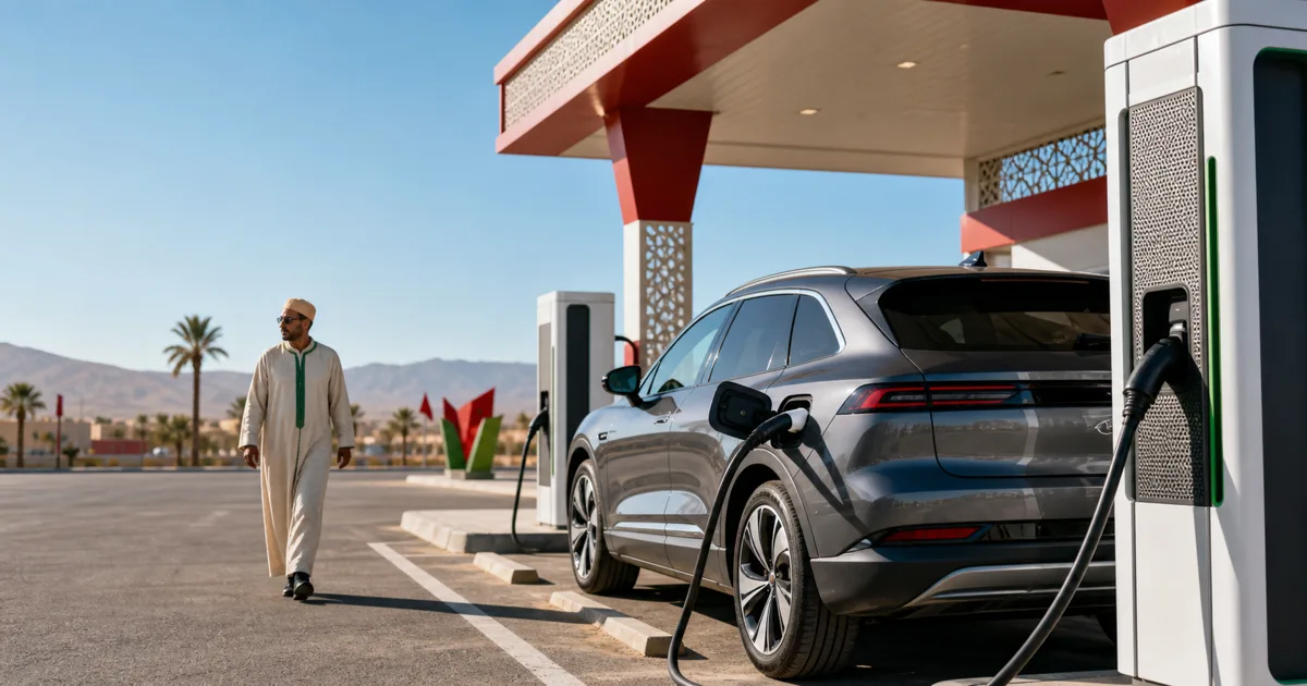 Voiture électrique branchée sur une borne de recharge rapide Fastvolt dans une station-service marocaine, illustrant le réseau de recharge sur les grands axes du Maroc