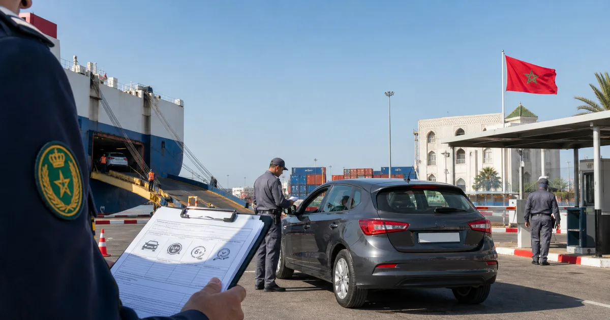 A used car being unloaded from a cargo ship at a Moroccan port with customs officers and paperwork in the foreground, illustrating the process of importing a vehicle into Morocco