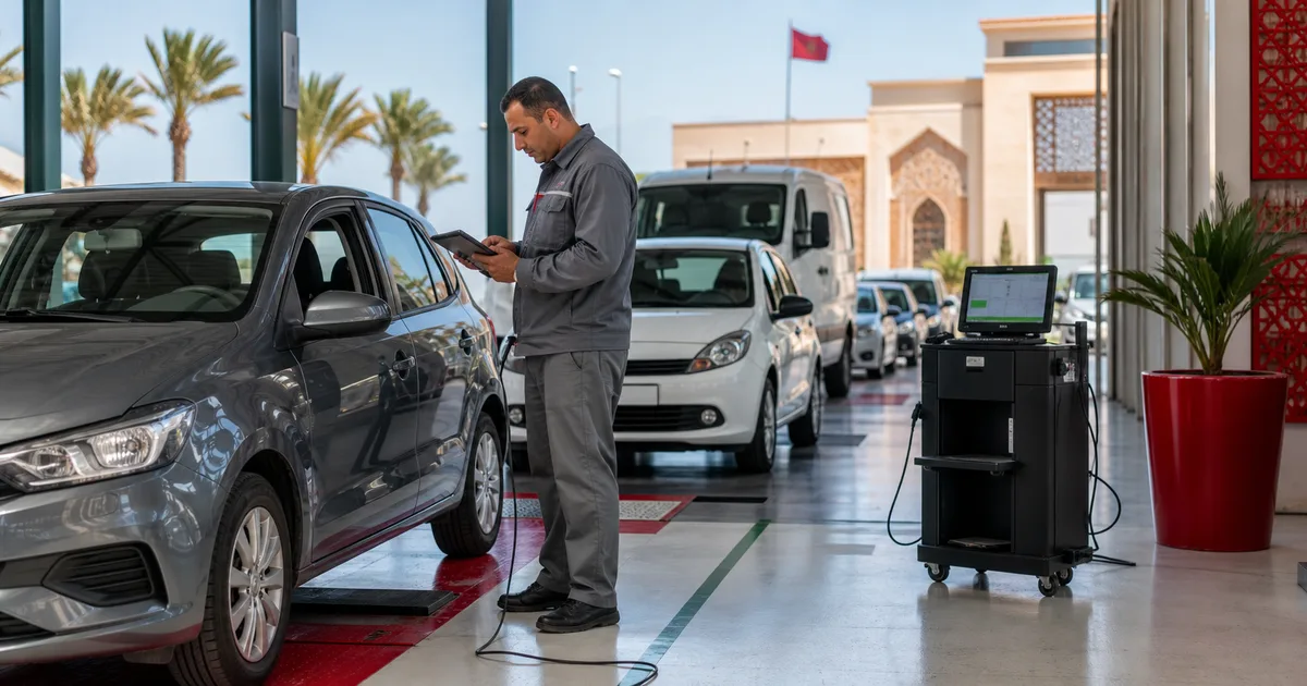 Véhicule sur un pont élévateur dans un centre de contrôle technique au Maroc en 2026, avec un agent vérifiant les émissions et l'éclairage, illustrant la réforme des normes Euro 6 et la digitalisation du contrôle