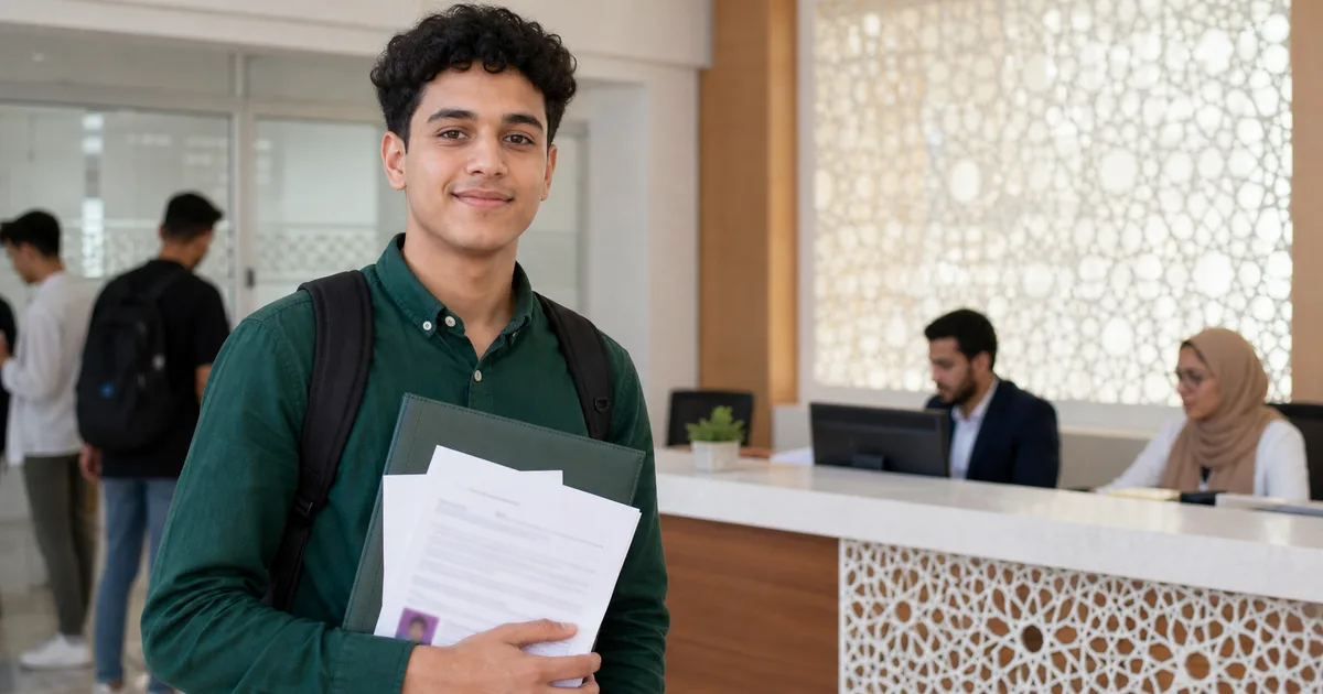 Jeune diplômée tenant son baccalauréat et un dossier de candidature, devant un bureau d'accueil avec le logo discret d'une fondation éducative au Maroc