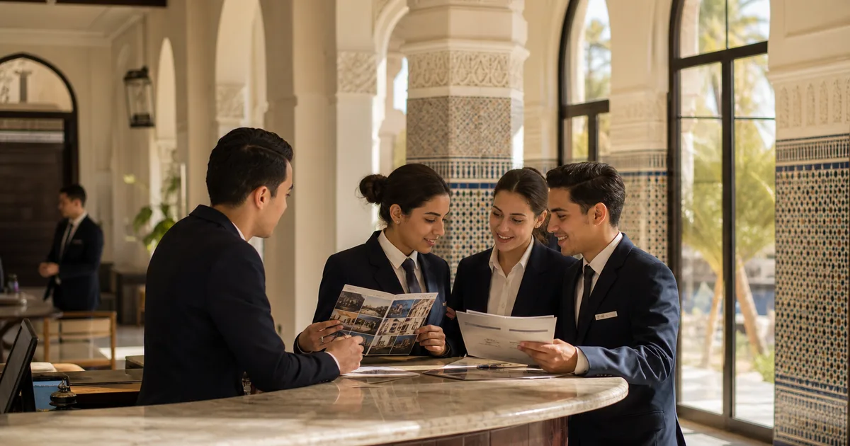 Façade de l'Institut Spécialisé de Tourisme et d'Hôtellerie (ISTH) de Fès, établissement privé de formation professionnelle accrédité par l'État, avec ses salles de cours et ateliers de cuisine