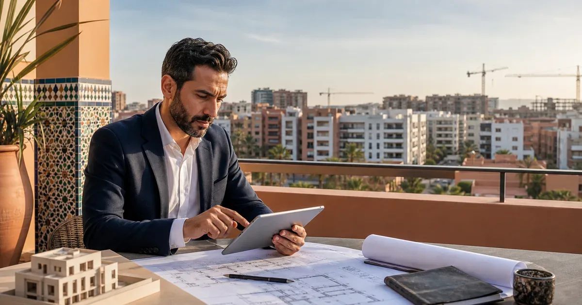 Vue aérienne d'un quartier résidentiel marocain avec immeubles modernes et grues de chantier, illustrant le marché immobilier national au premier trimestre 2026