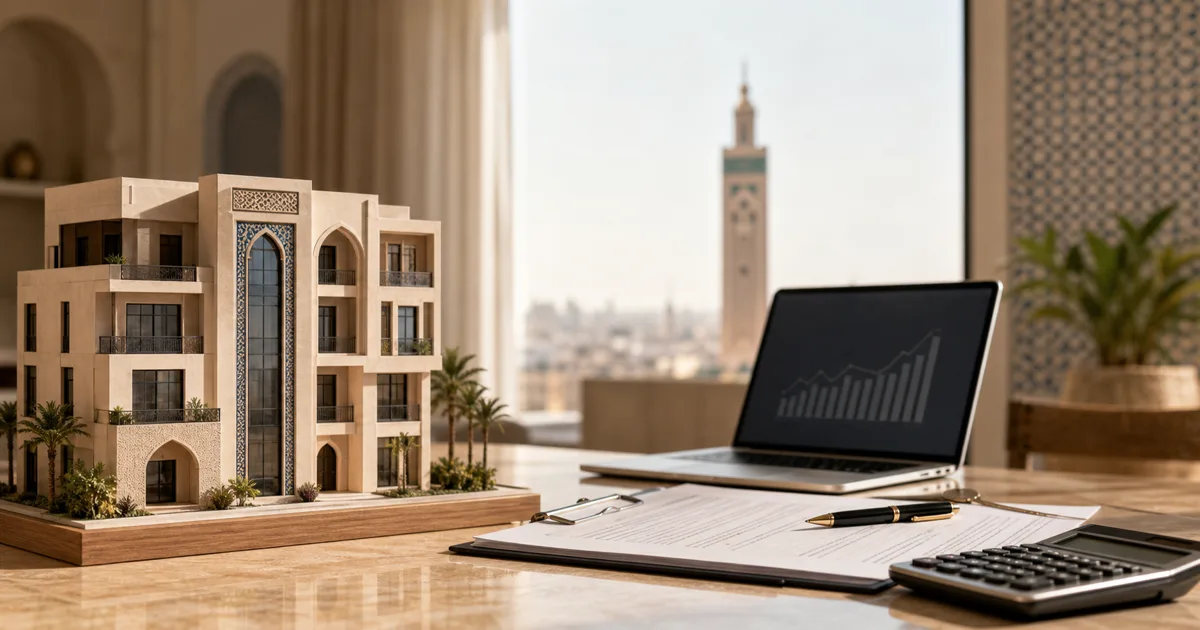 Contrat de crédit immobilier, calculatrice et clés d'un appartement posés sur une table, illustrant les taux des crédits immobiliers au Maroc en 2026