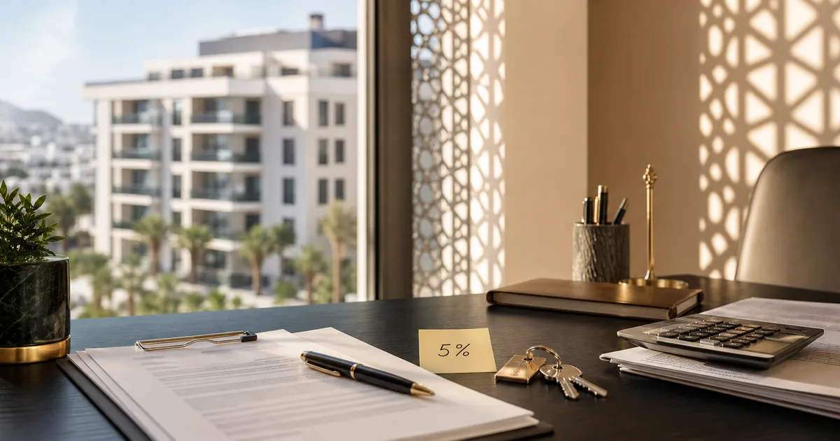 Immeubles de bureaux modernes au Maroc avec contrats de location et documents fiscaux au premier plan, illustrant la retenue à la source de 5 % sur les loyers introduite par la Loi de Finances 2026