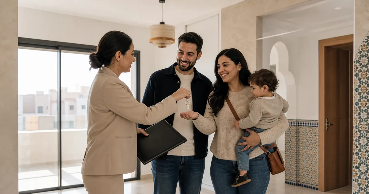 Couple marocain recevant les clés de son premier appartement neuf au Maroc, illustrant l’aide directe au logement Daam Sakane 2026 de 70 000 à 100 000 DH