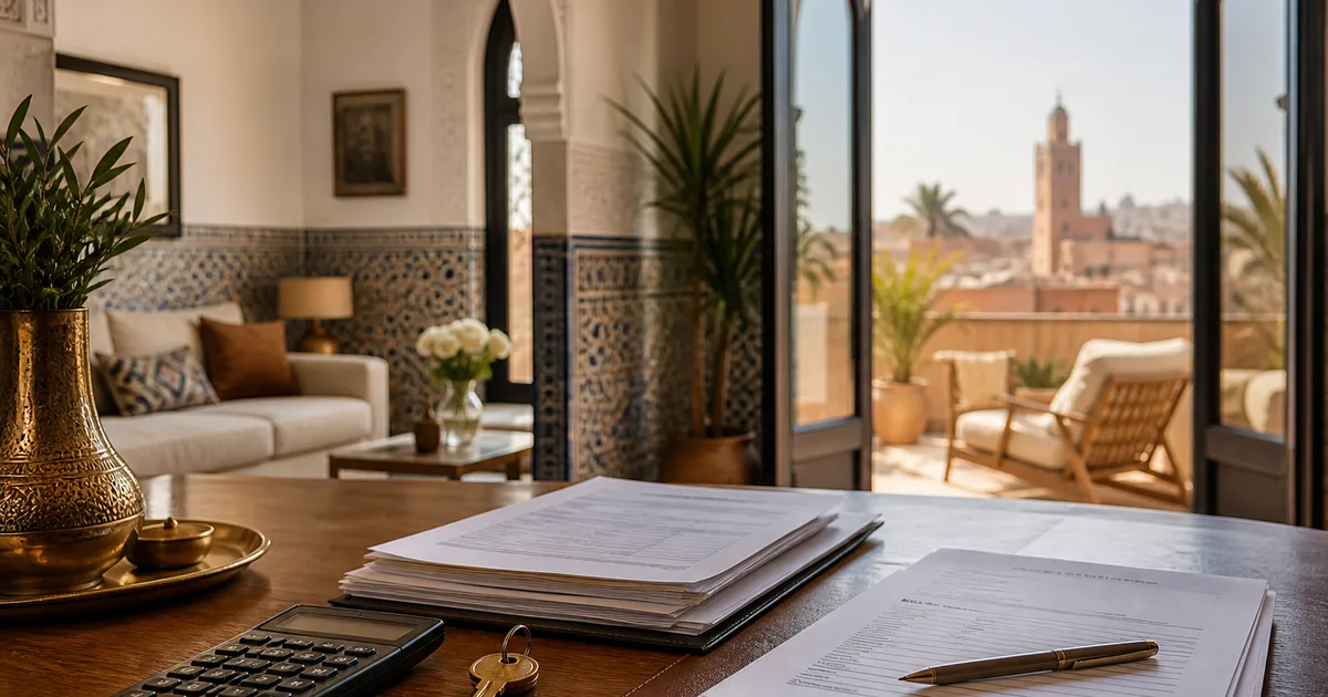 Appartement meublé marocain prêt pour une location saisonnière, avec tablette affichant une réservation Airbnb, illustrant le cadre réglementaire de la loi 80-14 en 2026