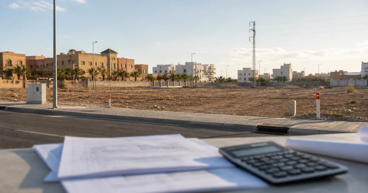 Terrain urbain non bâti au Maroc avec réseaux de voirie, éclairage public et immeubles en arrière-plan, illustrant le nouveau calcul de la taxe sur les terrains non bâtis par niveau d'équipement en 2026