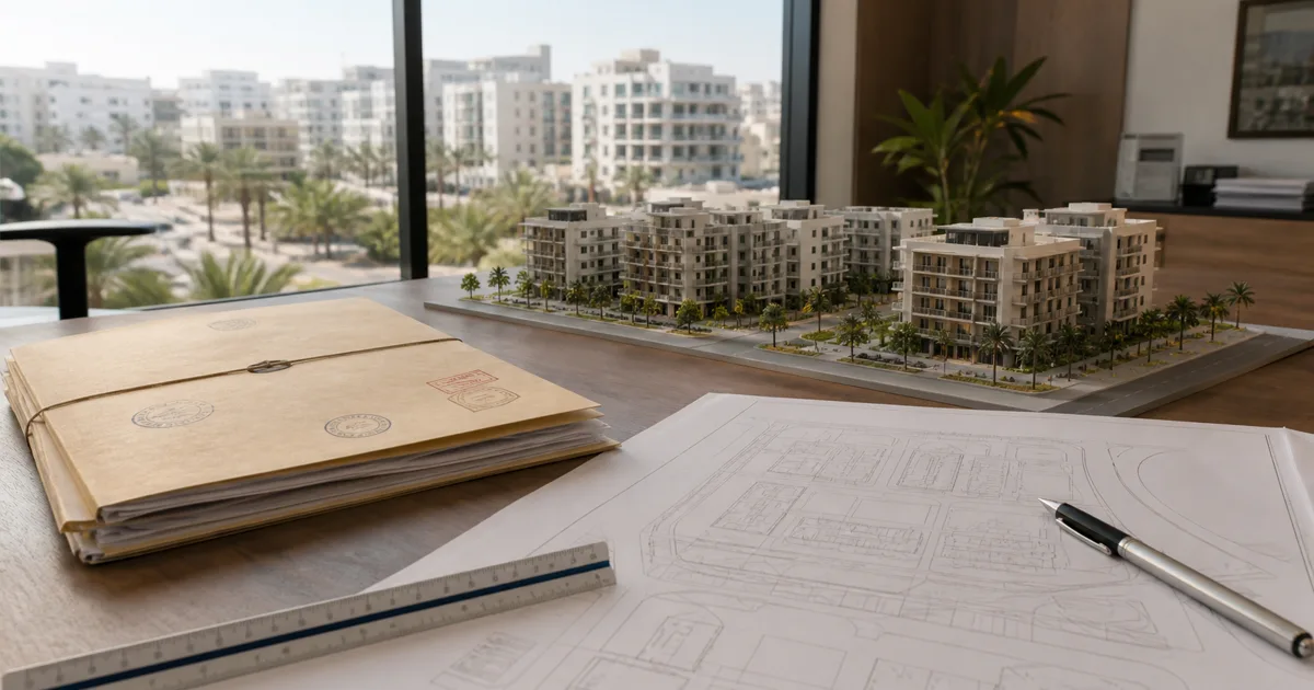 Plan d urbanisme marocain posé sur une table avec maquette de bâtiments, dossier de permis et cachet administratif illustrant la réforme 2026