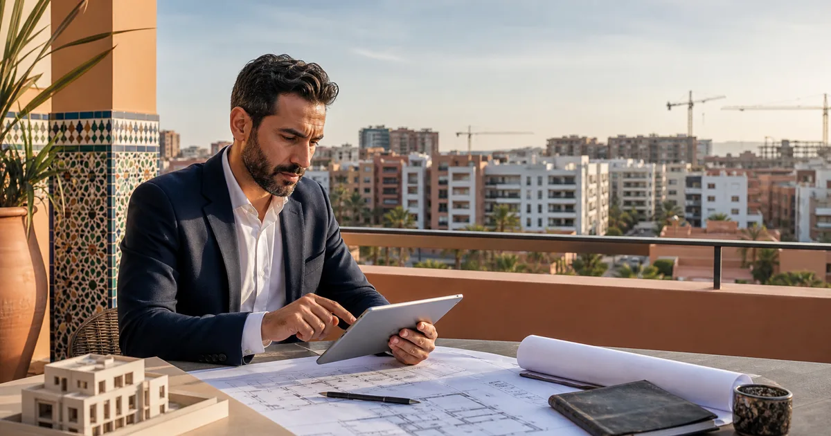 Vue aérienne de nouveaux immeubles résidentiels en construction dans une ville marocaine, illustrant la forte demande de logements mesurée par le baromètre FNPI