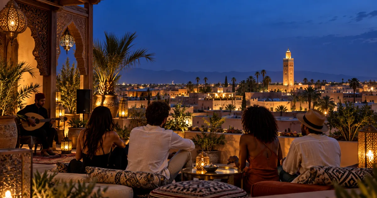 Terrasse de café marocain illuminée le soir, avec thé à la menthe et chicha, une médina animée en arrière-plan sous un ciel étoilé — ambiance chaleureuse sans alcool