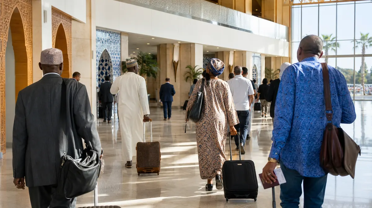 Travelers with passports and boarding documents at a modern Moroccan airport terminal, representing easier visa-free travel to Morocco in 2026