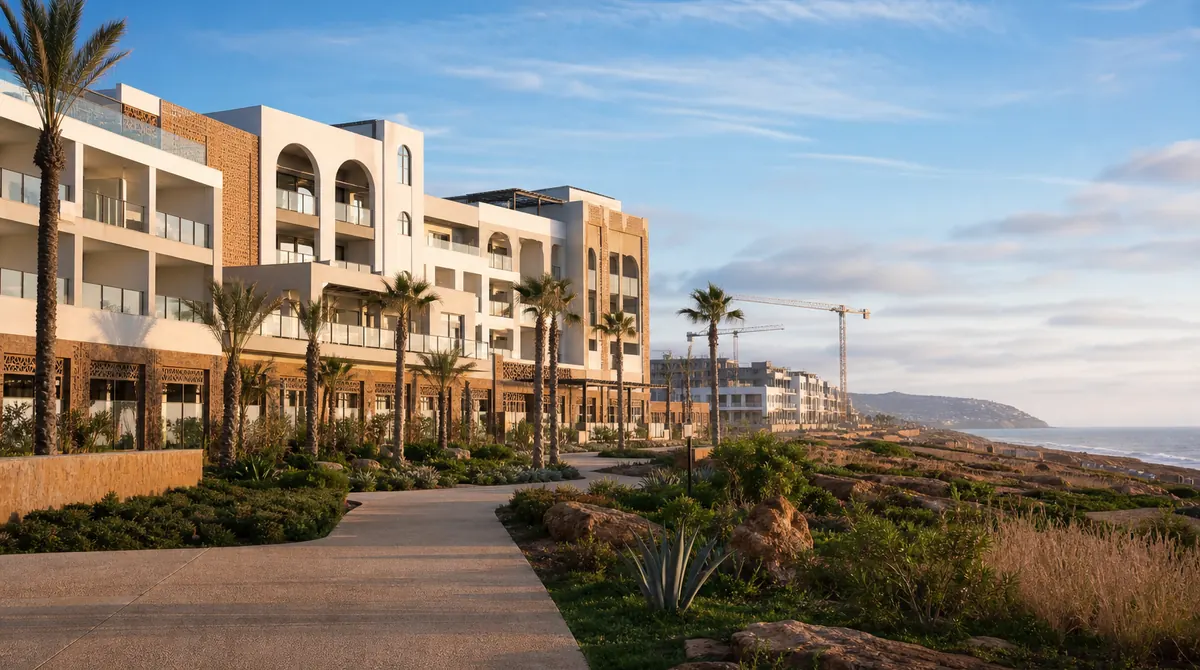 Morocco hotel expansion concept ahead of the 2030 World Cup, showing new hotel development and construction cranes