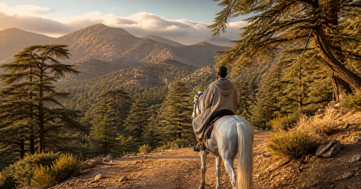 Cavaliers découvrant les cédraies du Parc national d'Ifrane au Moyen Atlas, le long d'un sentier équestre balisé, avec les montagnes en arrière-plan