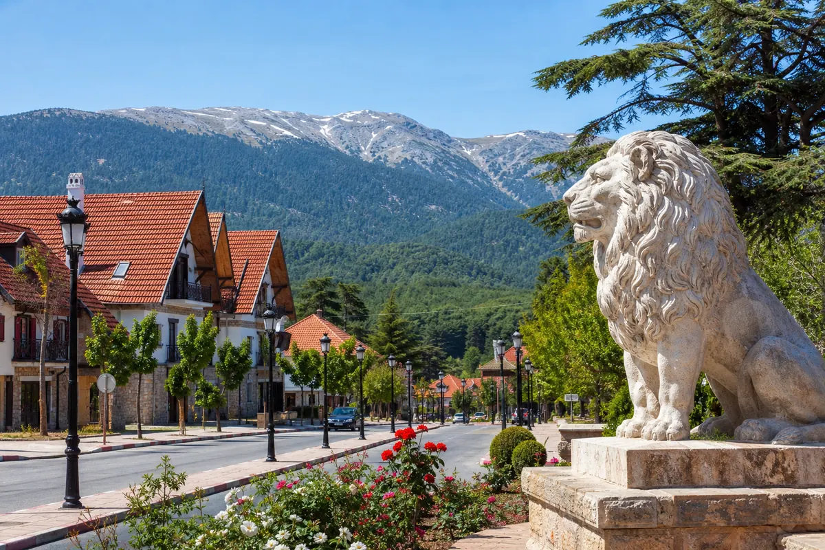 Ifrane Morocco alpine architecture with Lion Stone Statue and cedar forest backdrop in the Atlas Mountains