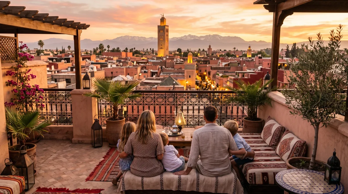 Family on riad rooftop watching sunset over Marrakech medina with Atlas Mountains in background