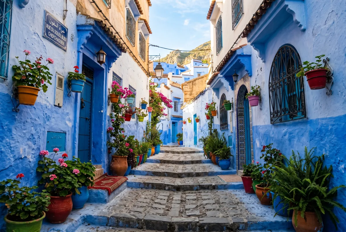 Woman traveler overlooking blue streets of Chefchaouen, Morocco solo travel