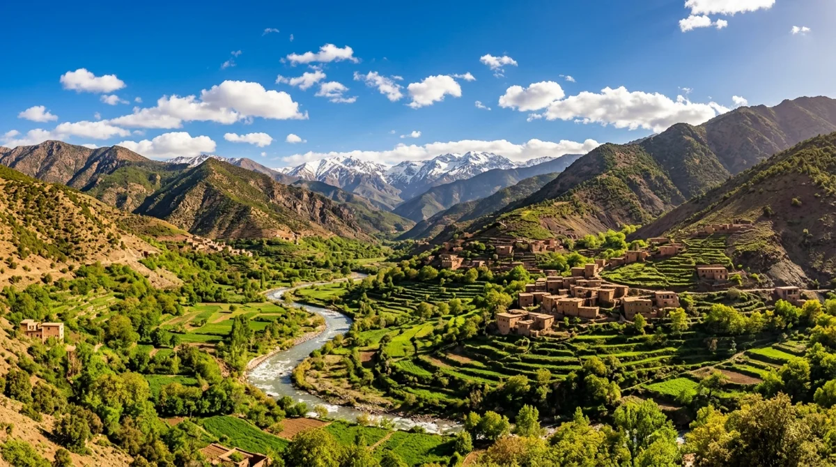 Atlas Mountains landscape near Marrakech with traditional Berber village and green valley under blue sky