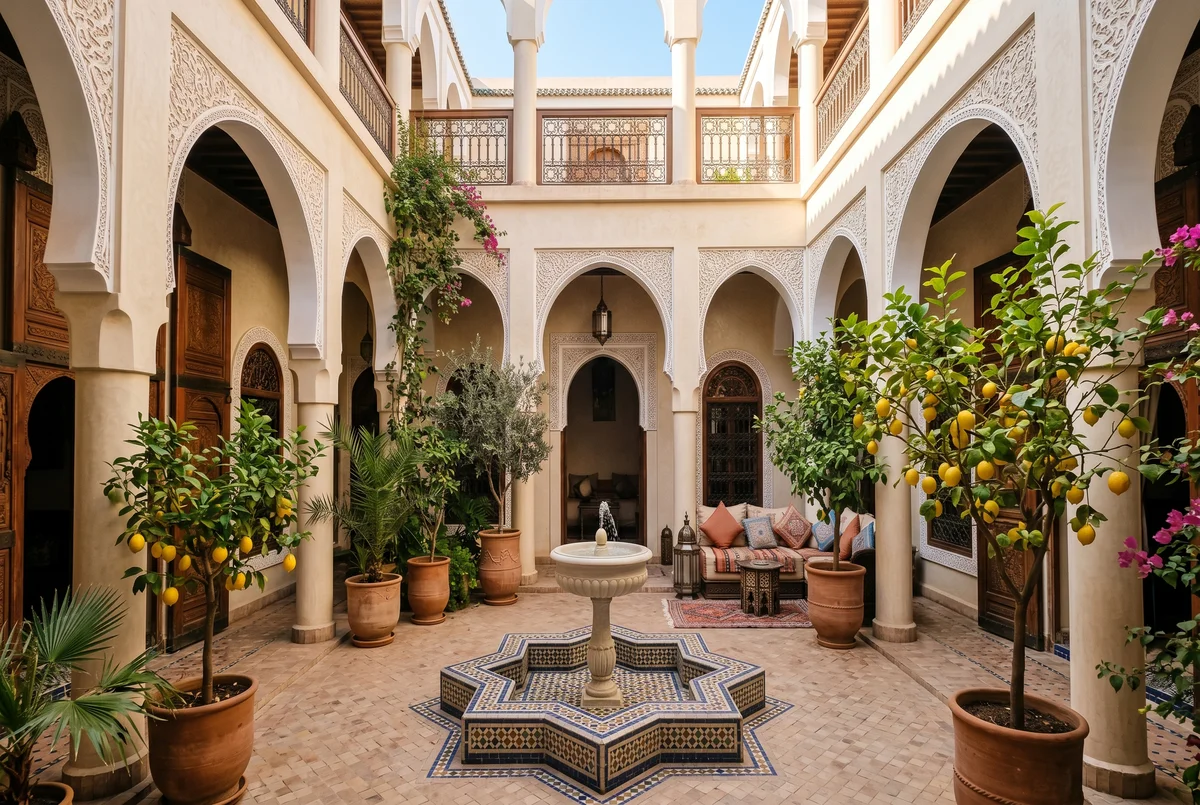 Moroccan riad courtyard with fountain, orange trees, and traditional tilework