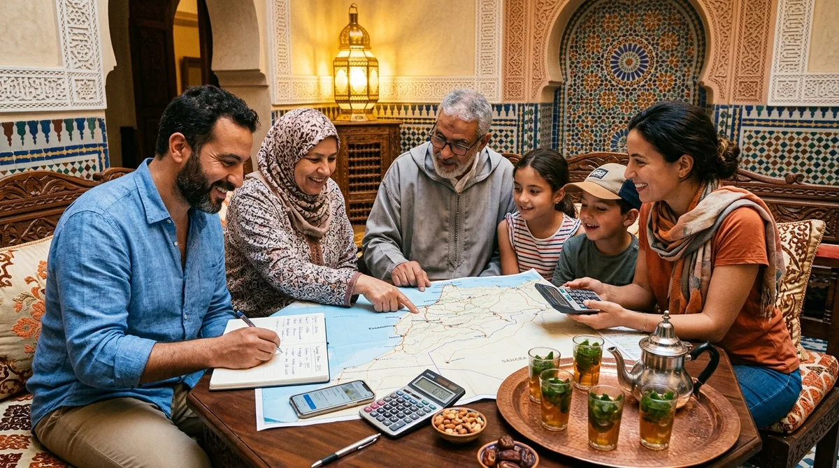Famille française planifiant un voyage au Maroc avec carte, carnet et thé à la menthe sur fond de zelliges traditionnels