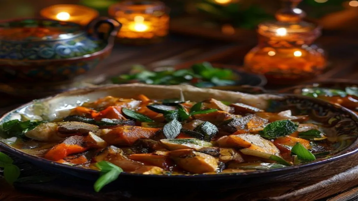 Tagine de cordero con verduras y frutos secos humeante en un restaurante tradicional de la médina de Marrakech